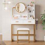 Coiffeuse blanc moderne avec miroir pivotant hd tabouret tiroirs + Étages prise usb intégrée pied doré ... Coiffeuse blanc moderne avec miroir pivotant hd tabouret tiroirs + Étages prise usb intégrée pied doré ...