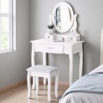 Coiffeuse blanche avec tabouret table de maquillage miroir rotatif coiffeuse avec 3 tiroirs et miroir ...