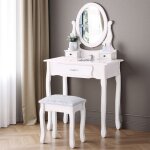 Coiffeuse blanche vintage avec miroir pivotant 360� tabouret confortable et 3 tiroirs de rangement - ...