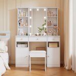 Coiffeuse de chambre miroir avec clairage led rglable avec tabouret de coiffeuse 3 tiroirs et 2 portes ...