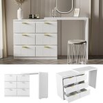 Coiffeuse - design floral - 6 tiroirs - plateau pivotant - poign�es dor�es - blanc