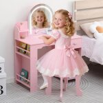 Coiffeuse pour enfants avec tabouret et miroir led - tiroirs table de maquillage enfants 3 + ans - rose ...