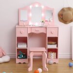 Coiffeuse fille en bois avec 3 miroirsled et tabouret - enfant rose