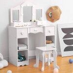 Coiffeuse fille enfant bois avec 3 miroirsled et tabouret blanc