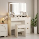 Coiffeuse led blanche moderne avec miroir 3 lumires prises et tabouret - rangement maquillage - coiffeuse ...