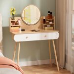 Coiffeuse avec led miroir table de maquillage - 3 couleurs de lumi�res - 2 grand tiroirs - 6 �tag�res ...