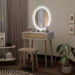 Coiffeuse led table de maquillage avec tabouret miroir ovale + 1 tiroir bois style moderne