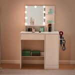Coiffeuse avec miroir led 3 couleurs r�glables tiroirs et porte 80x40x130 cm blanc