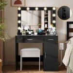 Coiffeuse miroir et led - homdox - coiffeuse avec prise de courant - coiffeuse meuble avec 2 tiroirs ...