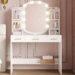 Coiffeuse avec miroir ovale led  luminosit rglable table de maquillage 3 tiroirs et 6 tagres ouverts40 ...