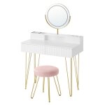 Coiffeuse - l 80 cm - miroir pivotant - �clairage - multiprise - blanc et dor�