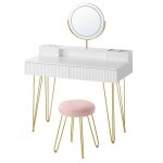 Coiffeuse - l 100 cm - miroir pivotant - �clairage - multiprise - blanc et dor�