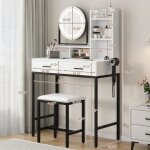 Coiffeuse avec miroir rond et tabouret led r�glable 2 prise et port usb 2 tiroirs de rangement blanc ...