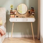 Coiffeuse avec miroir table de maquillage moderne 80x40x120cm 2 tiroirs 6 �tag�res blanc et dor� clair ...