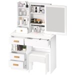 Coiffeuse avec miroir et tabouret - cremlank - 80x40x135cm - avec 5 tiroirs et �tag�res - blanc