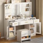 Coiffeuse avec miroir et tabouret de rangement - nhhf - 113x40x140 cm - 10 ampoules - 3 couleurs r�glables ...