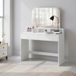 Coiffeuse - miroir triptyque pliable - 2 tiroirs - 3 compartiments - style moderne - blanc