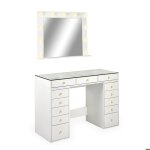 Coiffeuse moderne 13 tiroirs avec miroir lumineux et plateau en verre l120cm probeauty blanc