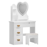 Coiffeuse moderne - biplut - miroir lumineux c?ur - 4 tiroirs - �tag�res ouvertes - table de maquillage ...