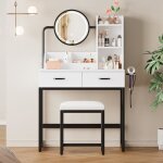 Coiffeuse moderne - éclairage led miroir pivotant prises de courant - tabouret - 2 tiroirs 2 étagères ... Coiffeuse moderne - éclairage led miroir pivotant prises de courant - tabouret - 2 tiroirs 2 étagères ...