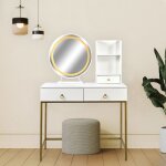Coiffeuse moderne avec miroir rond lumineux oracle l90cm blanc et or