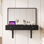 Coiffeuse murale noir 100x105x45cm miroir 3 tiroirs prises �lectriques emplacement tablette porte - gobelet ...