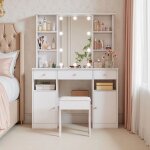 Coiffeuse - novlys - 110cm - miroir hollywood avec 10 ampoules led & tabouret - table de maquillage ...