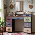 Coiffeuse sans miroir 9 tiroirs deux étageres pieds réglables poignées délicates motif rétro 120x40x90 ... Coiffeuse sans miroir 9 tiroirs deux étageres pieds réglables poignées délicates motif rétro 120x40x90 ...