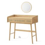 Coiffeuse - style bohme - miroir lumineux - 3 tiroirs - beige