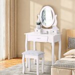 Coiffeuse table de maquillage blanche coiffeuse avec tabouret miroir et 3 tiroirs1 tabouret 75x40cm table ...