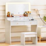 Coiffeuse et table de maquillage avec miroir led � luminosit� r�glable 5 tiroirs de rangement et tabouret ...