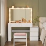 Coiffeuse avec tabouret, tiroir, avec Éclairage led et miroir, multiprise, 40 x 125 x 140 cm, blanc Coiffeuse avec tabouret, tiroir, avec Éclairage led et miroir, multiprise, 40 x 125 x 140 cm, blanc
