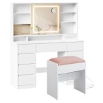 Coiffeuse avec miroir led multiprise 9 tiroirs miroir grossissant loupe 10x tabouret blanc nuage Coiffeuse avec miroir led multiprise 9 tiroirs miroir grossissant loupe 10x tabouret blanc nuage