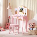 Coiffure pour enfant 2 en 1 avec miroir et tabouret bureau bois enfant tiroir style princesse pour filles ...