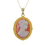 Collier cam�e femme plaqu� or 750 (18 carats) style vintage ? profil classique en r�sine orange / blanc ...
