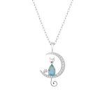 Collier chat sur lune femme argent 925 rhodi ? zirconium bleu vert goutte & pav blanc ? bijou animal ...