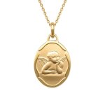 Collier - enfant / b�b� - m�daille - ovale - ange - pensif - bapt�me - plaqu� or jaune 750 / 1000 - 45 ...