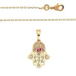 Collier - enfant - chane et pendentif - main de fatma - cristal - rose - plaqu or jaune 750 / 1000 ...