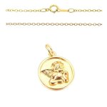 Collier - enfant - chane et pendentif - mdaille - ange - baptme - 16 mm - or jaune vermeil - 14 carats ...