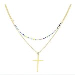 Collier - femme - pendentif - croix - double - chane - pierre naturelle - acier inoxydable - dor - ...