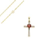Collier - femme - chane et pendentif - croix - coeur - cristal - rouge - plaqu or jaune 750 / 1000 ...
