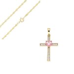 Collier - femme - chane et pendentif - croix - coeur - cristal - rose - plaqu or jaune 750 / 1000 - ...