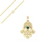 Collier - femme - cha�ne et pendentif - main de fatma - cristal - �meraude - plaqu� or jaune 750 / 1000 ...