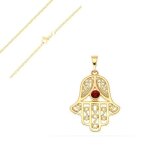 Collier - femme - chaîne et pendentif - main de fatma - cristal - rouge - plaqué or jaune 750 / 1000 ... Collier - femme - chaîne et pendentif - main de fatma - cristal - rouge - plaqué or jaune 750 / 1000 ...