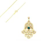 Collier - femme - pendentif - main de fatma - cristal - �meraude - plaqu� or jaune 750 / 1000 - 3 microns ...