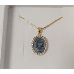 Collier - femme - chane et pendentif - mdaille - ovale - came - gris - plaqu or jaune 585 / 1000 ...