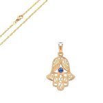 Collier - femme - chane torsade - pendentif - main de fatma - cristal - bleu - plaqu or jaune 750 ...