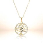 Collier - femme - pendentif - arbre de vie - zircon - blanc - plaqu� or jaune 585 / 1000 - 50 cm - for�at ...