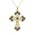 Collier grande croix byzantine orthodoxe femme plaqu� or ? zirconium bleu & blanc ? bijou religieux ornate ...
