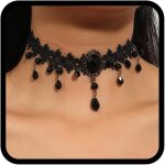 Collier ras du cou en dentelle avec perles noires et pompons gothiques avec strass et fleurs creuses ... Collier ras du cou en dentelle avec perles noires et pompons gothiques avec strass et fleurs creuses ...